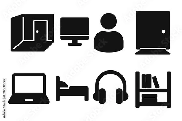 Obraz Isolation Icons. Solid style icons of Extreme Indoor Seclusion: Room, Screen, Isolation, Light Under Door, Laptop, Bed, Headphones