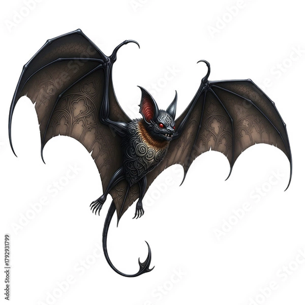 Obraz A Dark Detailed Bat With Red Eyes And Large Wings Spread Open In Mid Flight Against A Transparent Background Its Body Is Black With Detailed Textures And A Small Tail Visible