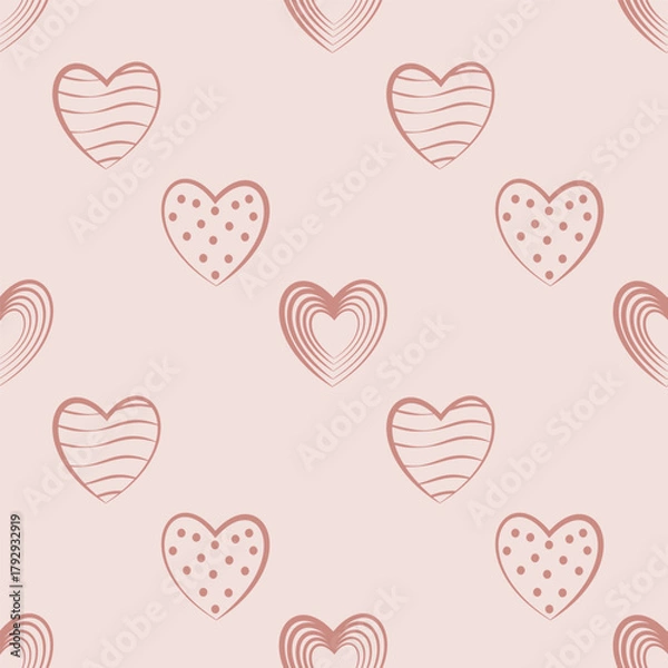 Obraz Soft, delicate vector seamless pattern featuring stylized hearts filled with various doodles like stripes and dots, all in a soothing monochromatic blush pink palette.