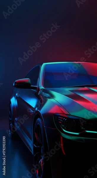 Obraz A sleek car is illuminated with vibrant red and blue neon lights in a dark setting.