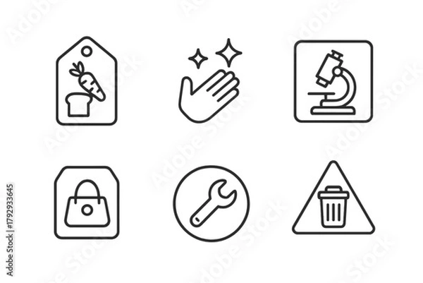 Obraz Zero-Gravity Label Icons. Line style icons of Storage Label Icons in Zero-Gravity: food label tag, hygiene label symbol, research