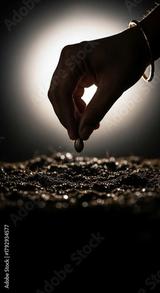 Fototapeta Hand planting a seed in dark soil under bright light.