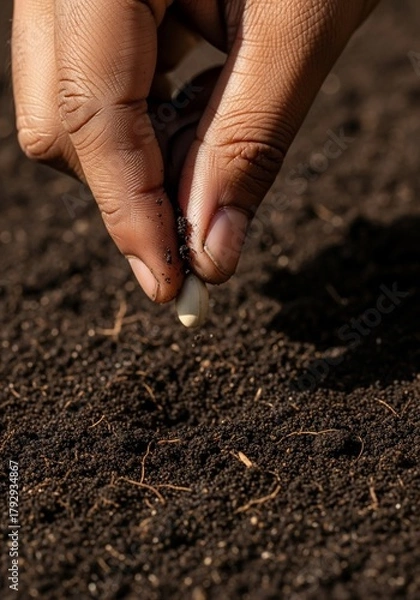 Fototapeta Hand planting a seed in fertile soil for growth.