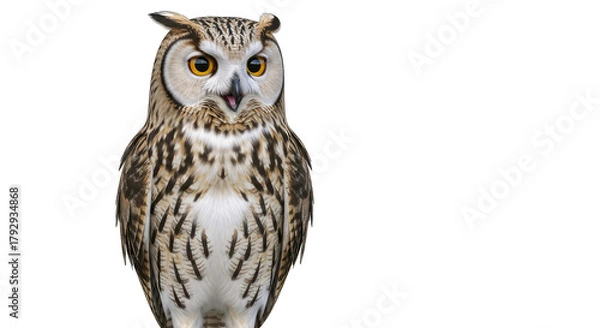 Fototapeta A Detailed Portrait of a Eurasian Eagle Owl with Orange Eyes and Open Beak on a Transparent Background