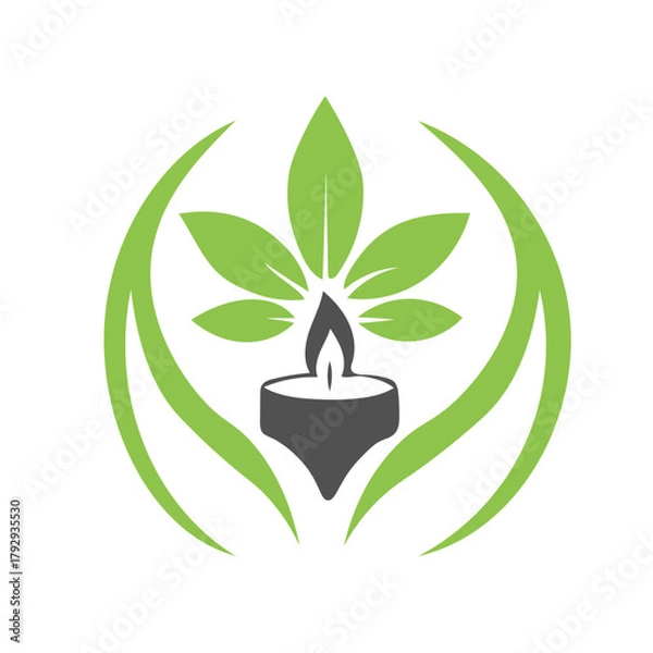 Fototapeta A candle within green herbal leaves line art vector representing natural spa, relaxation & holistic therapy concepts.