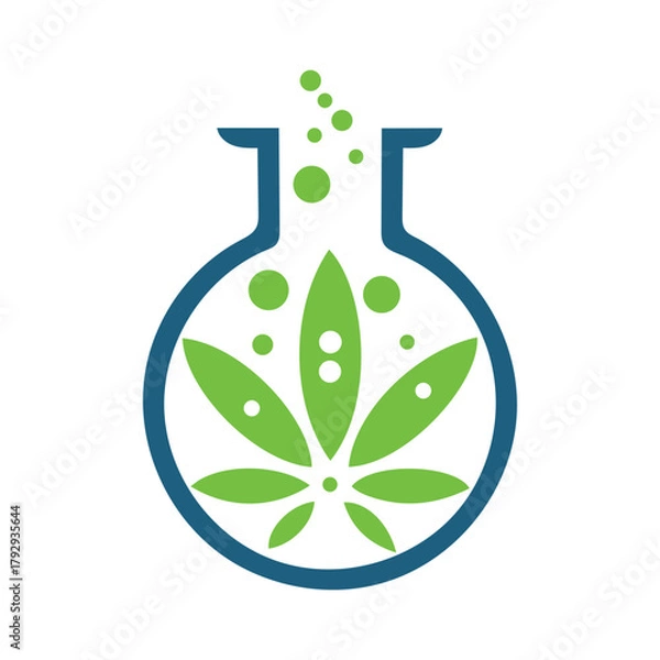 Fototapeta Lab flask containing a herbal leaf, blending science and nature for laboratory, wellness, or botanical research uses outline vector icon
