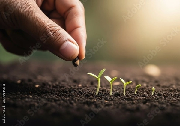 Fototapeta Hand Planting Seedlings in Soil - Nurturing Growth and New Beginnings.