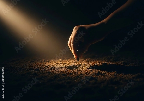 Fototapeta Hand reaching down to touch soil in a beam of light.