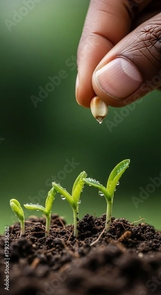 Fototapeta Hand Sowing Seeds for Growth and Development of Seedlings.