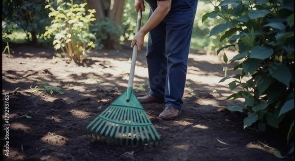 Fototapeta Person Raking Leaves in Garden with Green Rake.