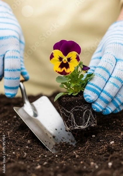 Fototapeta Planting a Pansy - Gardening with Gloves and a Trowel.