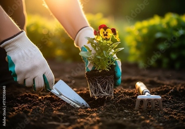 Fototapeta Planting Pansies - A Gardeners Touch in the Evening Light.