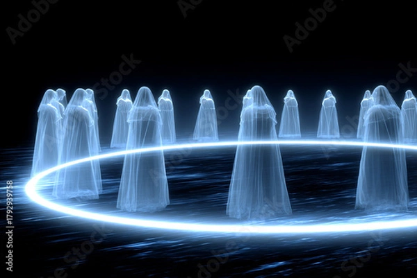 Fototapeta Circle of Mysterious Figures in White Robes, Surrounded by An Aura of Light