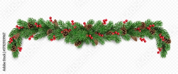 Fototapeta Vector realistic pine tree branches, cones and red berries isolated on a transparent background. Holiday Christmas tree garland for winter decoration banner, poster, greeting card.