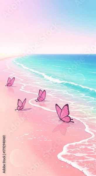 Obraz Pink butterflies rest on a pastel pink sandy beach with gentle turquoise waves under a clear sky.