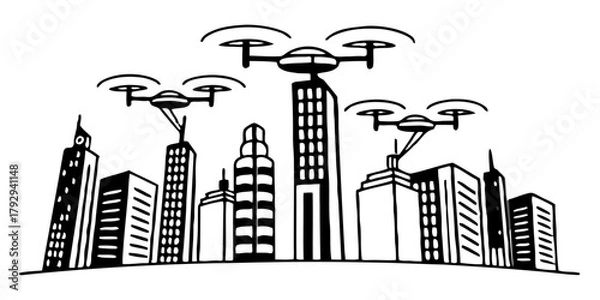 Fototapeta Futuristic City Skyline with Neon Lights and Flying Drones – Smart City Technology Concept (Background Removed)