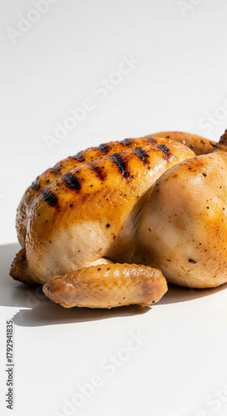 Obraz A perfectly grilled whole chicken, golden brown with visible grill marks, rests on a plain white background.