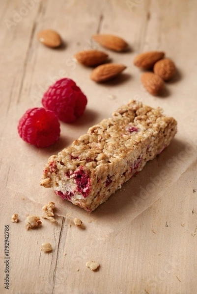 Obraz Barretta di cereali con lamponi e mandorle su una superficie di legno rustica, evocando un senso di cibo naturale e salutare.