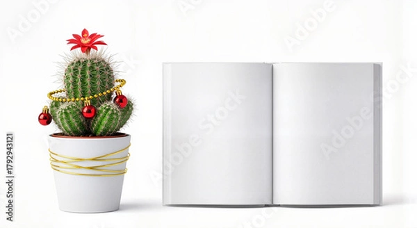 Fototapeta Creative Christmas cactus with blank notebook for holiday blogging, content creation, and seasonal inspiration