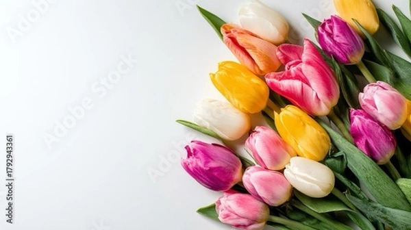 Obraz Romantico biglietto regalo con un bouquet di tulipani variopinti in un angolo e spazio per auguri