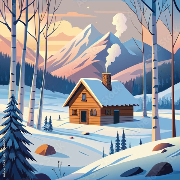 Fototapeta Snowy Cabin in Mountain Twilight