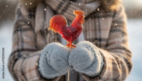 Obraz Winter mittens holding a rooster-shaped caramel lollipop in falling snow
