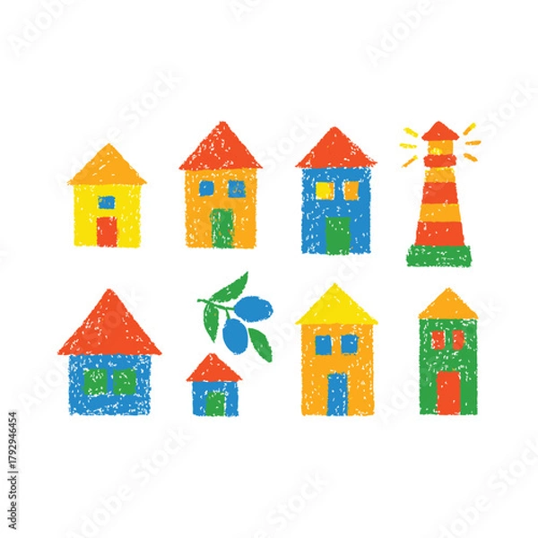 Obraz Colorful Crayon Houses and Lighthouse Illustration