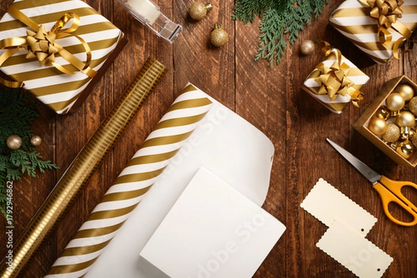 Obraz Empty gift box on the table for wrapping gifts. Place for your text.