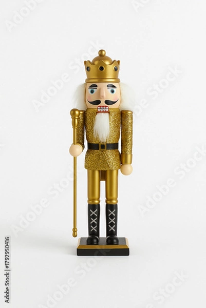 Obraz Golden Christmas nutcracker figurine standing on a white background. Classic festive decor with crown, staff and glitter details. Perfect for holiday themes, winter interiors and seasonal design.