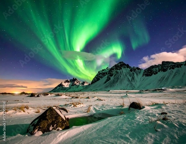 Fototapeta Bright green aurora borealis shines above snow-covered mountains at night.
