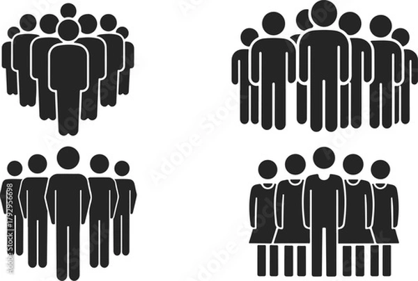 Fototapeta Set of black and white people group icons, crowd of silhouettes representing teamwork and community, people group, crowd icon, human figures, team concept, social unity