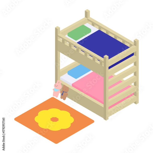 Fototapeta 子供部屋と二段ベッドのアイソメトリック素材