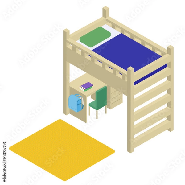 Fototapeta 小学生男の子のロフトベッドと学習机のアイソメトリック素材