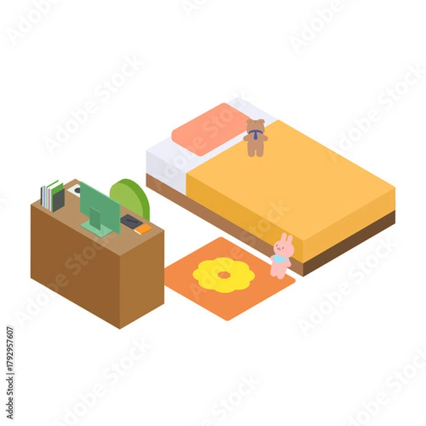 Fototapeta 中学・高校生の女の子の部屋（シングルベッド・学習机）のアイソメトリック素材