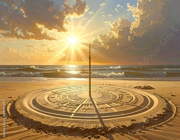Fototapeta Sundial on beach casting shadow during golden hour with ocean waves.