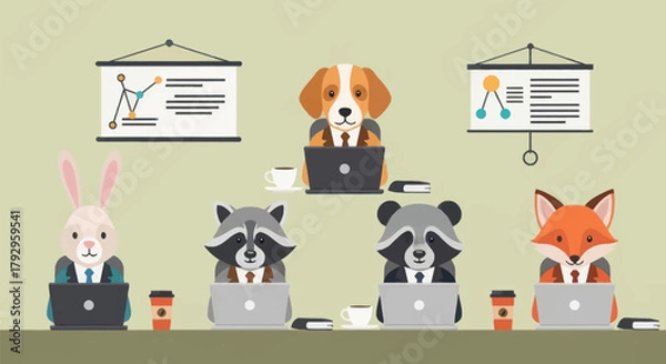 Obraz Whimsical animal team collaborates on project with laptops and presentations creating a fun office vibe