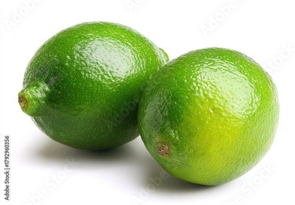 Obraz Two fresh, vibrant green citrus fruits, round and textured, sit isolated on a white background
