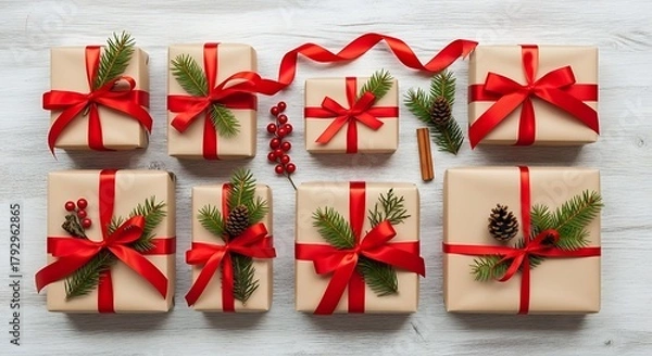 Fototapeta Christmas Gift Boxes with Red Ribbons Flat Lay