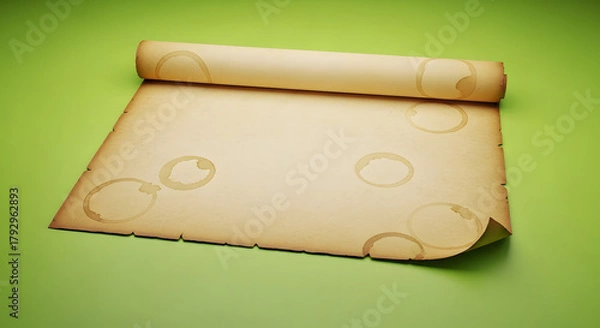 Fototapeta Old parchment scroll with circular stains on a vibrant green background
