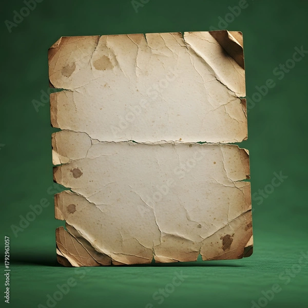 Fototapeta A torn and aged piece of parchment paper with a textured surface and frayed edges on a dark green background