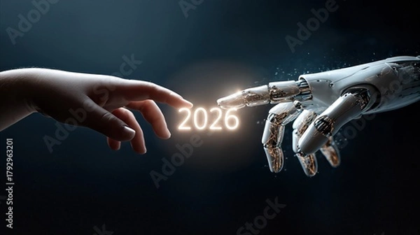 Obraz Human Hand and Robotic Hand Reaching Out Towards the Year 2026 in a Futuristic Concept of the Transition to AI era