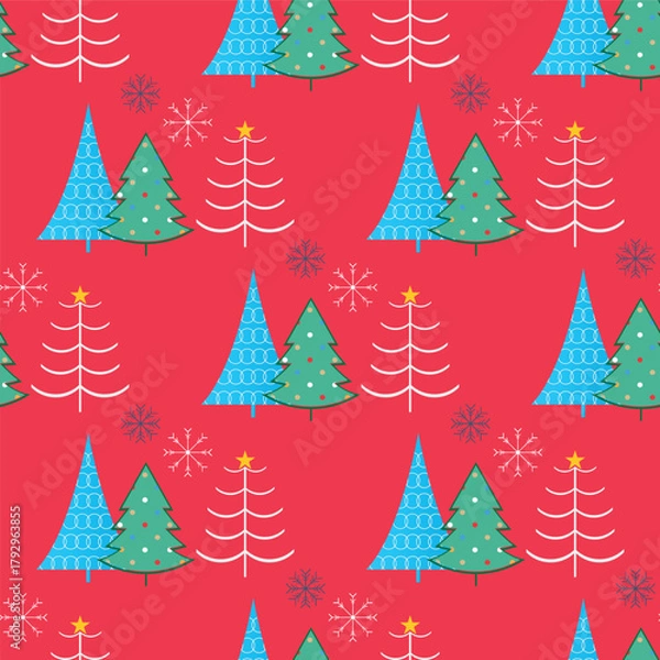 Fototapeta Seamless Christmas Tree Pattern on Red Background. Ideal for holiday wrapping paper, festive textiles, gift packaging, greeting cards, and seasonal decorations.