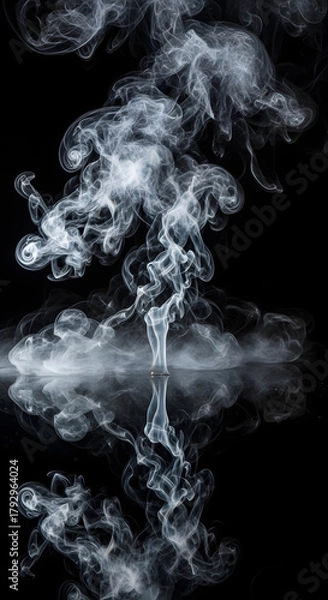 Fototapeta Abstract swirling white smoke patterns reflected on a dark surface creating an ethereal symmetrical design