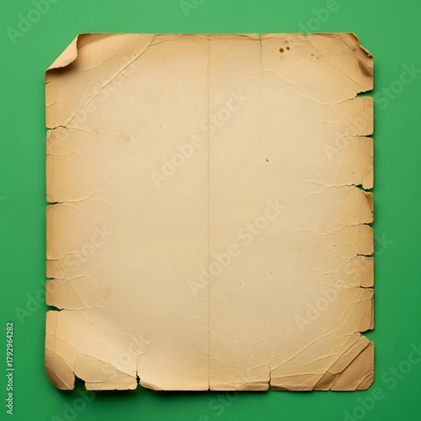 Fototapeta A blank aged parchment paper with torn edges and a green background
