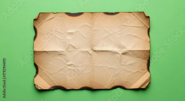Fototapeta Aged and crumpled parchment paper with burnt edges on a vibrant green background