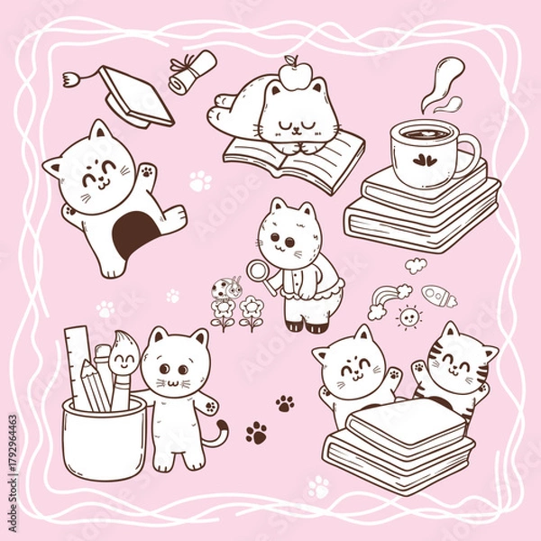 Fototapeta Cute puppy and kitten in the variation of school and education cartoon hand drawn character illustration