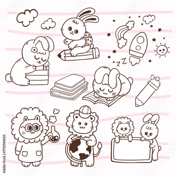 Fototapeta cute rabbit and lion in the variation of school and education cartoon hand drawn character illustration
