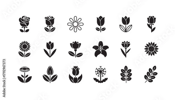 Obraz Collection of twenty stylized floral icons in black and white, featuring roses, tulips, sunflowers, daisies, and other flower and leaf designs.