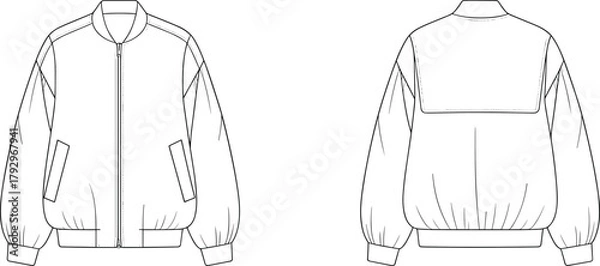 Fototapeta Bomber jacket technical sketch, front and back view, zipper closure, ribbed collar and cuffs, welt pockets, fashion flat, garment construction, vector illustration
