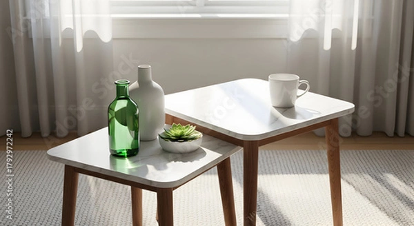 Fototapeta Close-Up of Table Surface with Bottle, Cup, and Natural Light